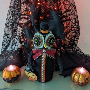 Hoot, Hoot, Halloween Owl And Pair Orange Glass Pumpkin Tea Light Holders